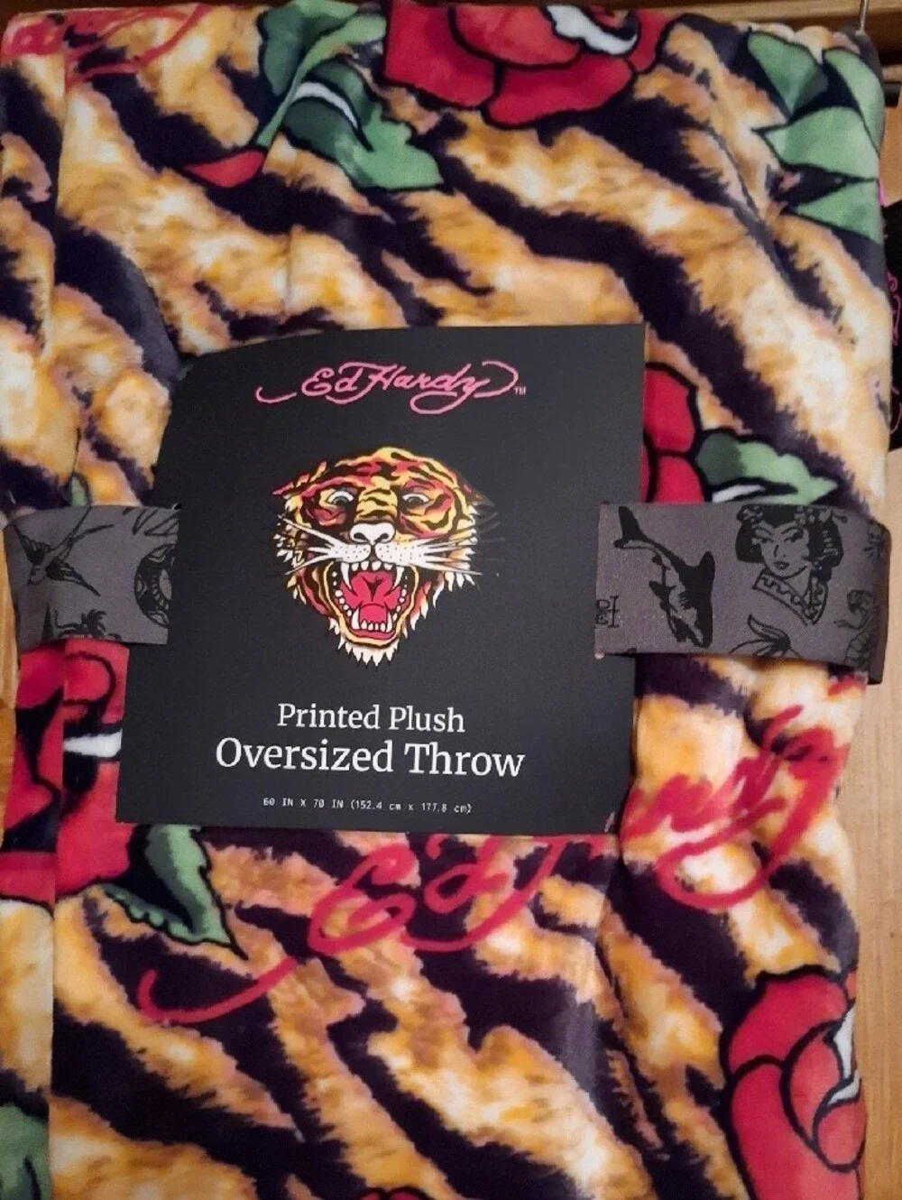 Ed Hardy Tiger Stripe Throw with Red Roses